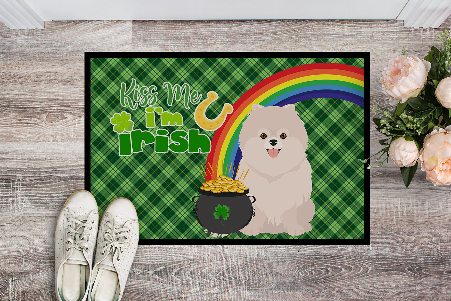 Buy this White Pomeranian St. Patrick's Day Indoor or Outdoor Mat 24x36