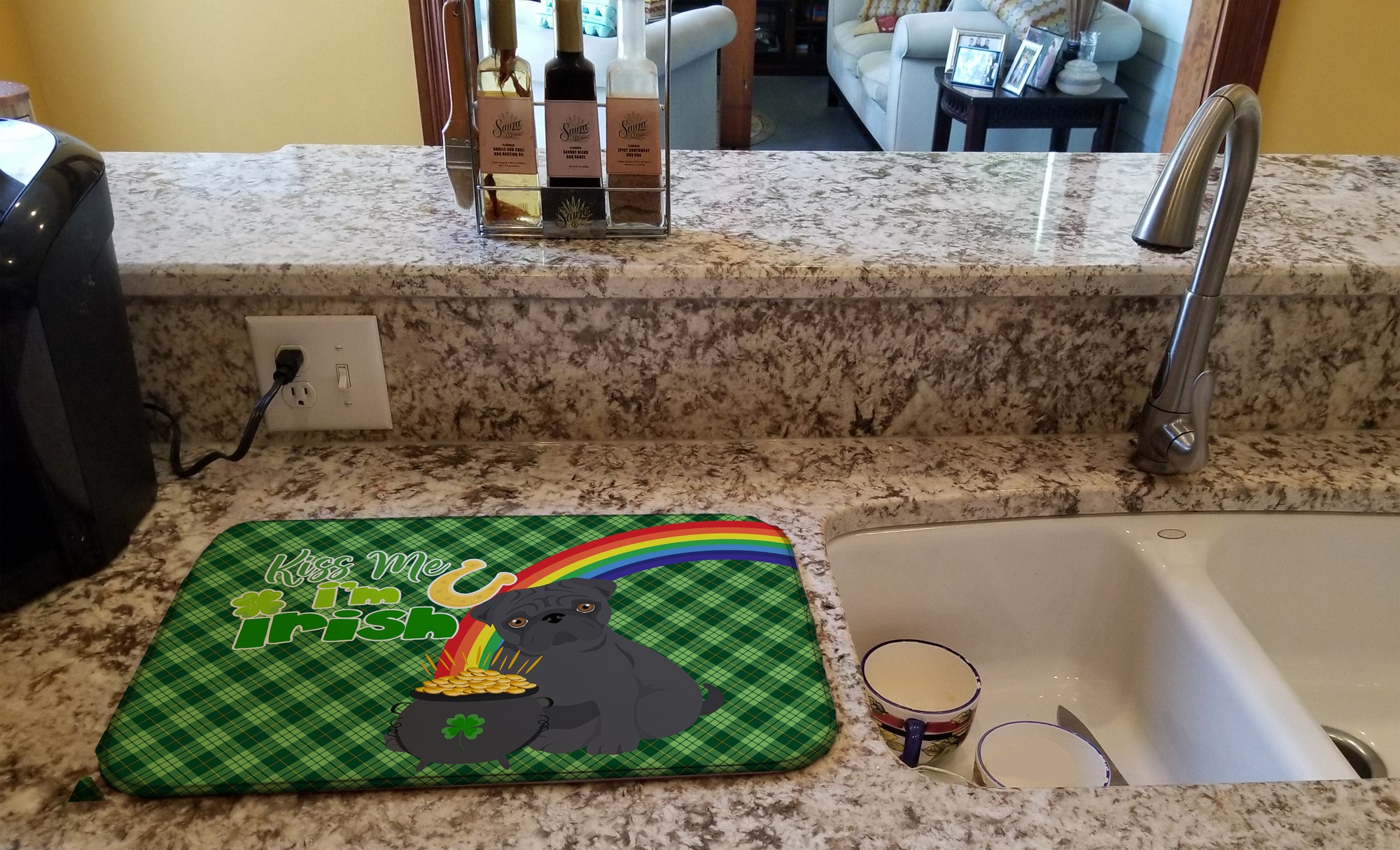 Black Pug St. Patrick's Day Dish Drying Mat