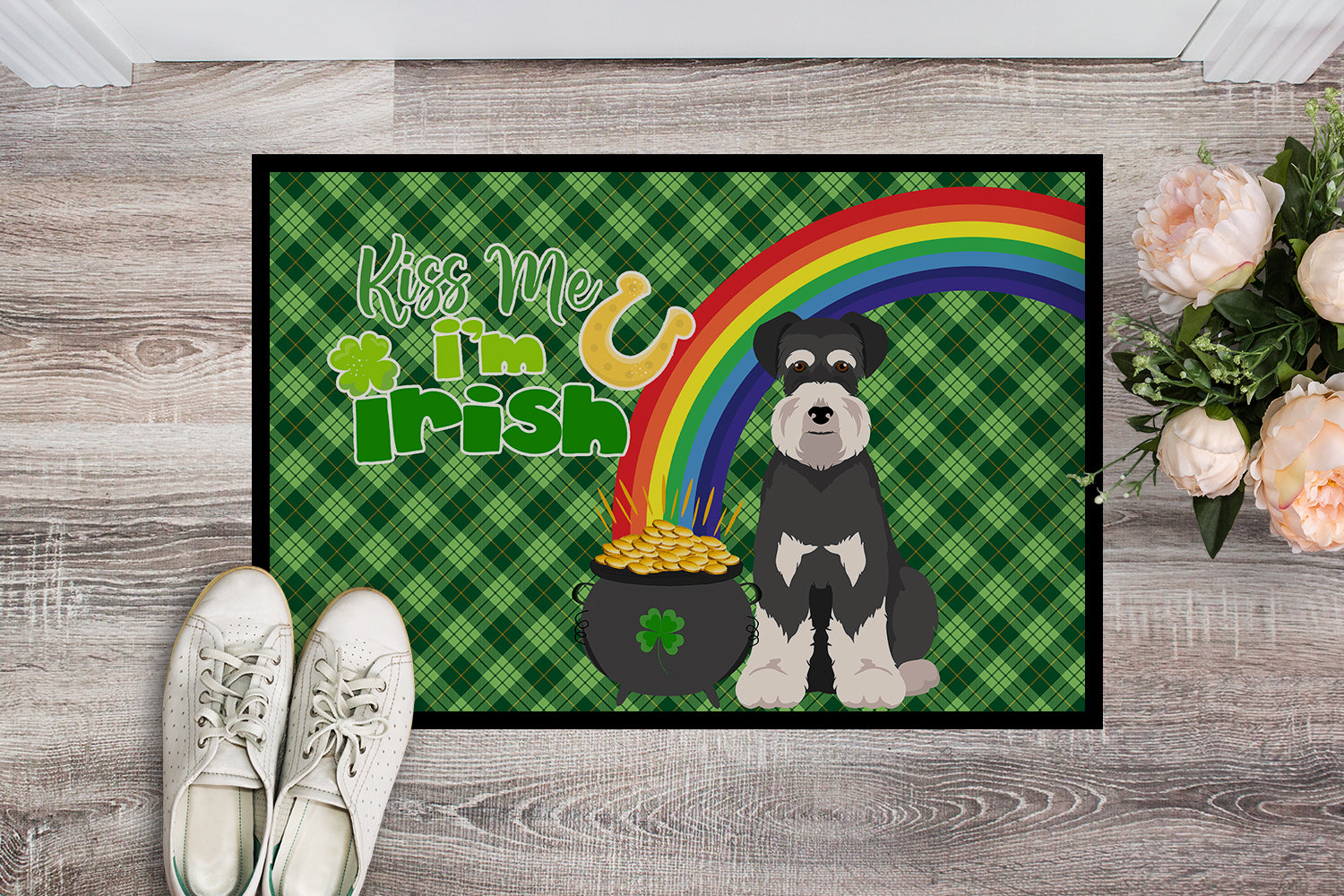 Buy this Black and Silver Natural Ears Schnauzer St. Patrick's Day Indoor or Outdoor Mat 24x36