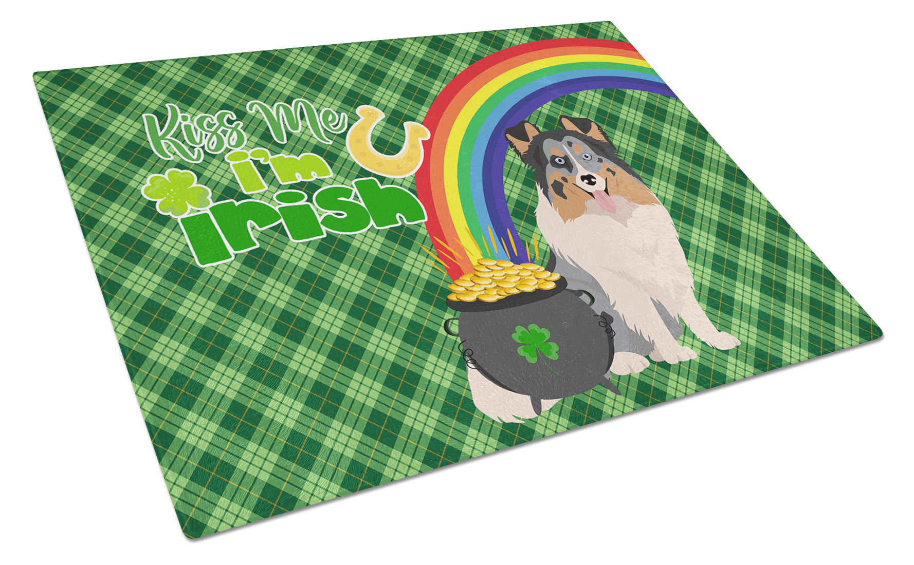 Buy this Blue Merle Sheltie St. Patrick's Day Glass Cutting Board Large