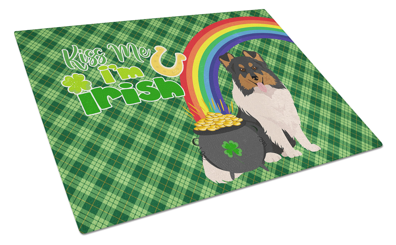 Buy this Tricolor Sheltie St. Patrick's Day Glass Cutting Board Large