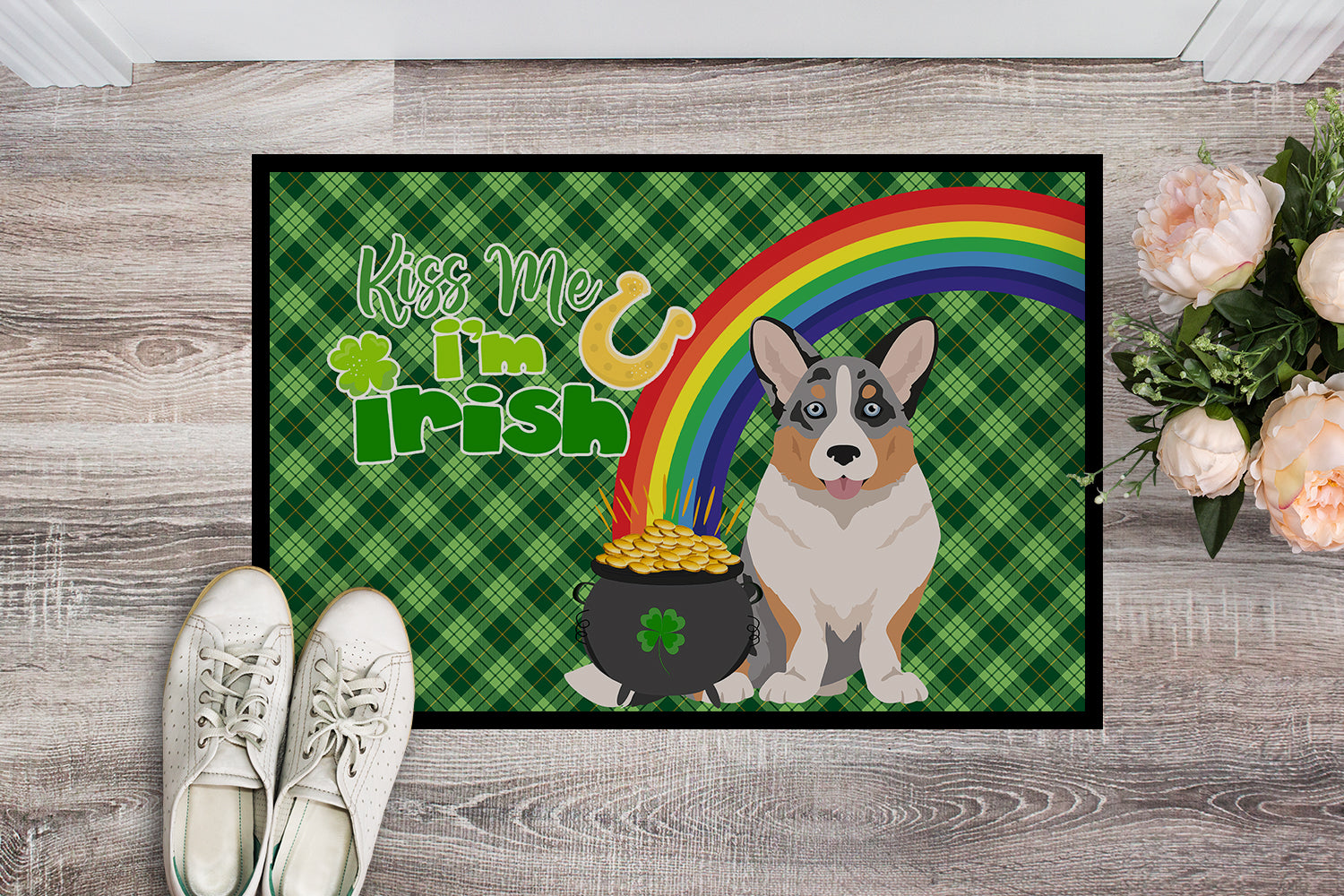 Buy this Blue Merle Cardigan Corgi St. Patrick's Day Indoor or Outdoor Mat 24x36