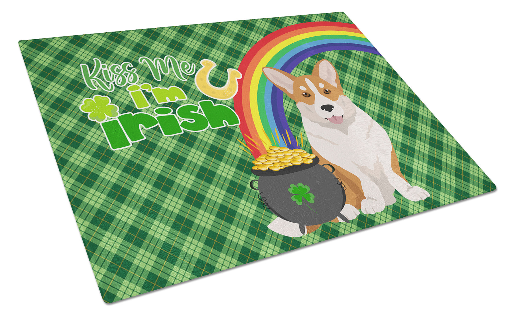 Buy this Red Cardigan Corgi St. Patrick's Day Glass Cutting Board Large