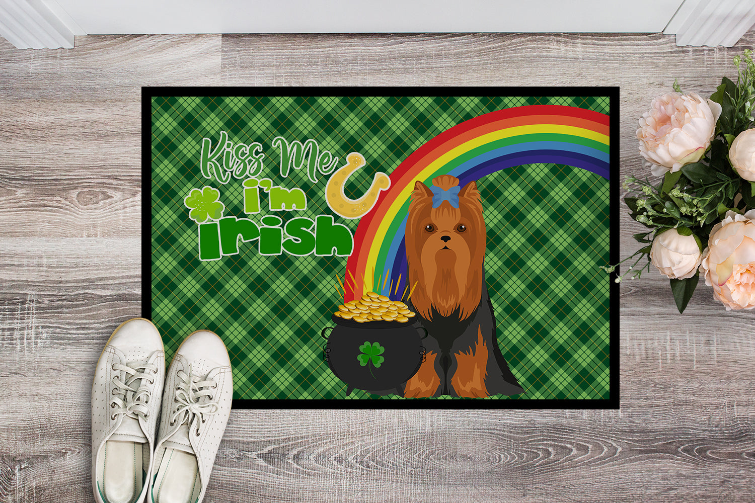 Buy this Black and Tan Full Coat Yorkshire Terrier St. Patrick's Day Indoor or Outdoor Mat 24x36