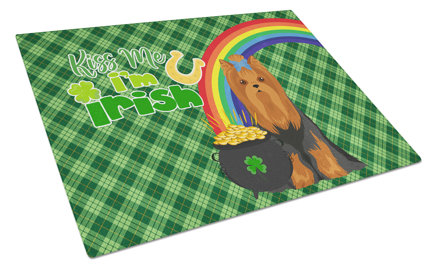 Buy this Black and Tan Full Coat Yorkshire Terrier St. Patrick's Day Glass Cutting Board Large