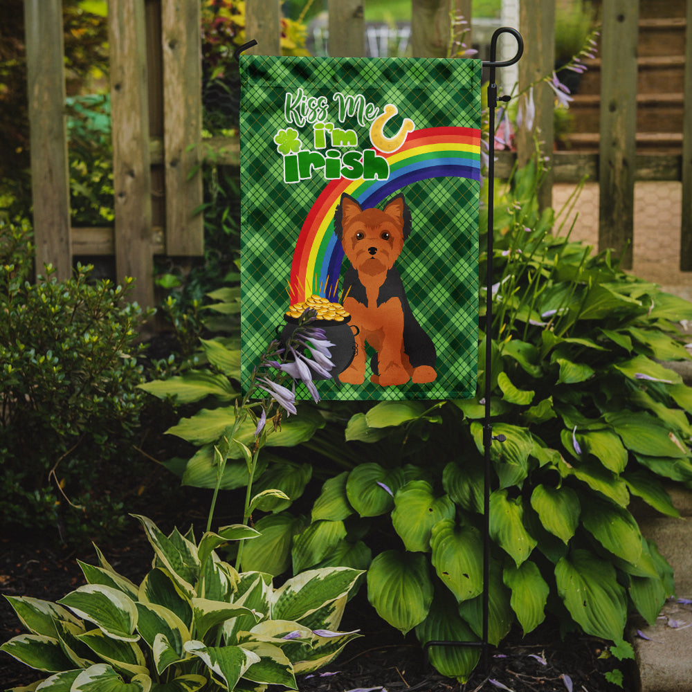 Black and Tan Puppy Cut Yorkshire Terrier St. Patrick's Day Flag Garden Size
