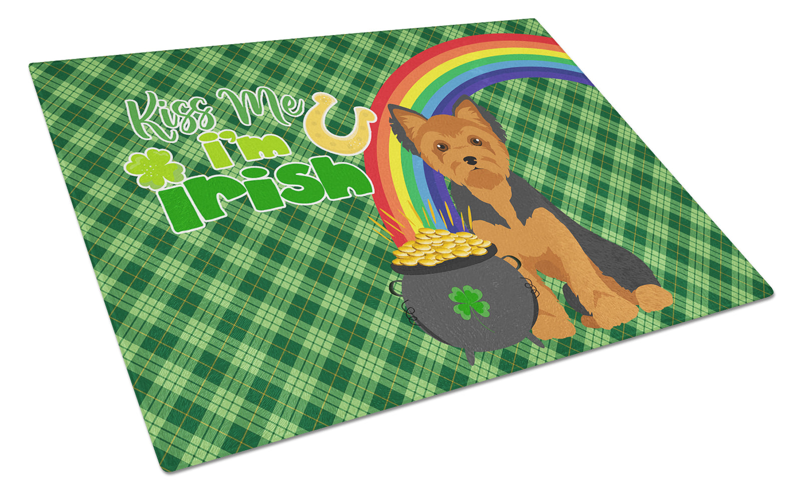 Buy this Black and Tan Puppy Cut Yorkshire Terrier St. Patrick's Day Glass Cutting Board Large