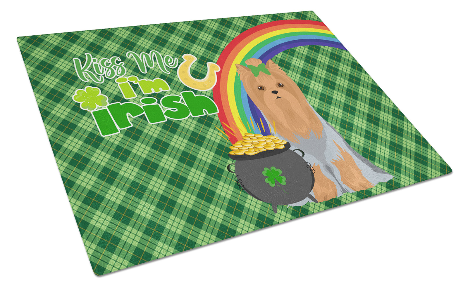 Buy this Blue and Tan Full Coat Yorkshire Terrier St. Patrick's Day Glass Cutting Board Large