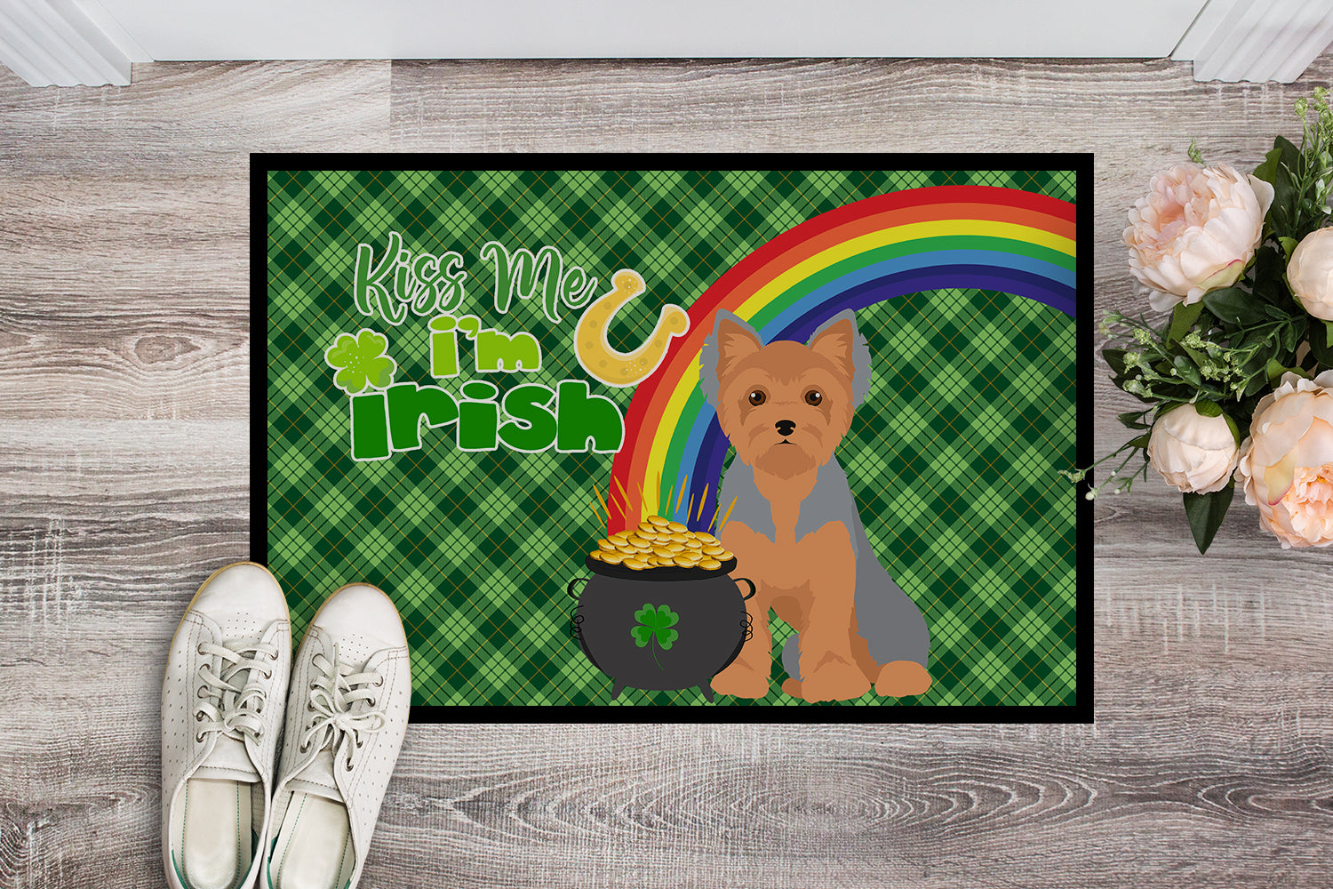 Buy this Blue and Tan Puppy Cut Yorkshire Terrier St. Patrick's Day Indoor or Outdoor Mat 24x36