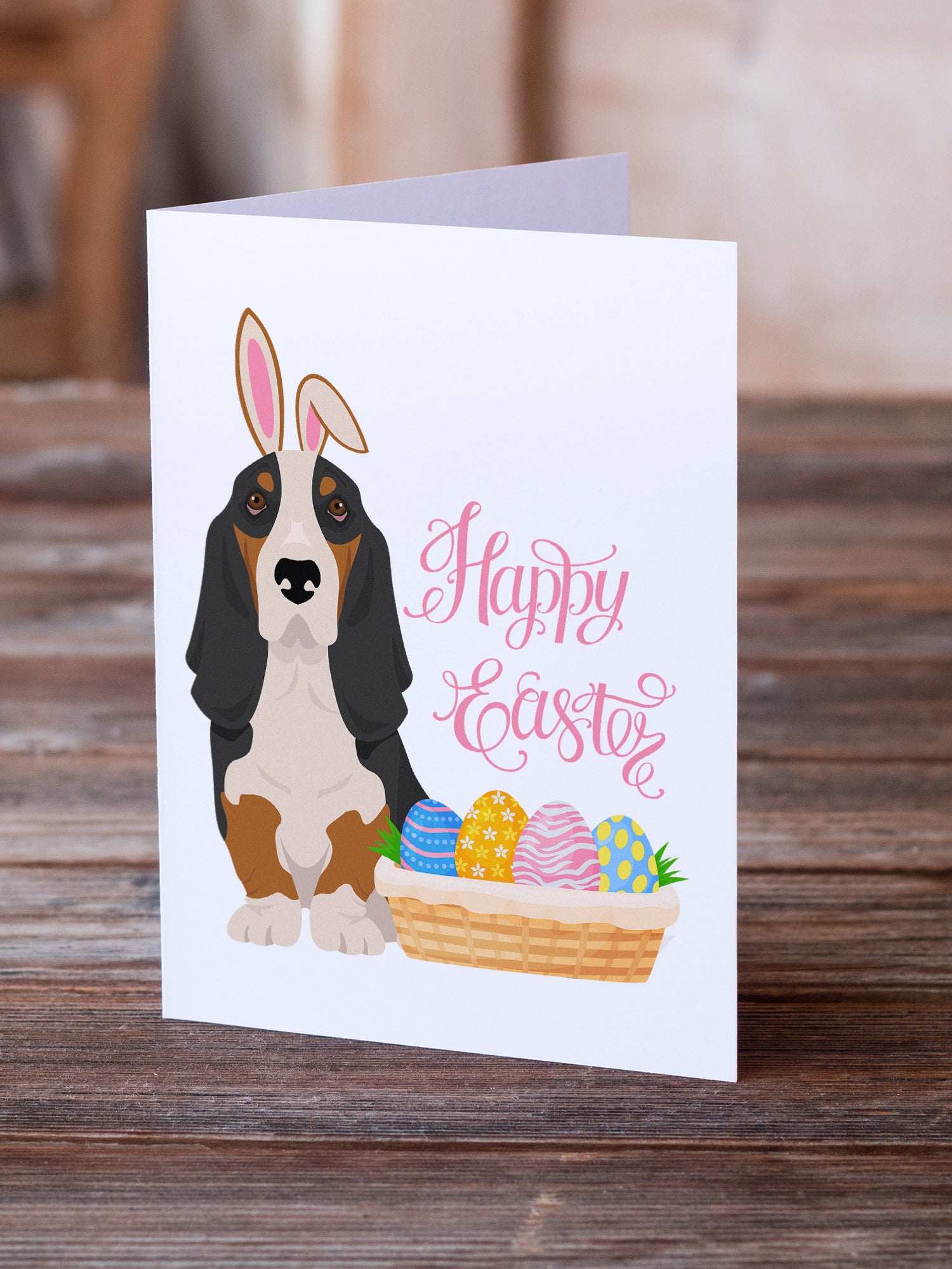 Buy this Black Tricolor Basset Hound Easter Greeting Cards and Envelopes Pack of 8