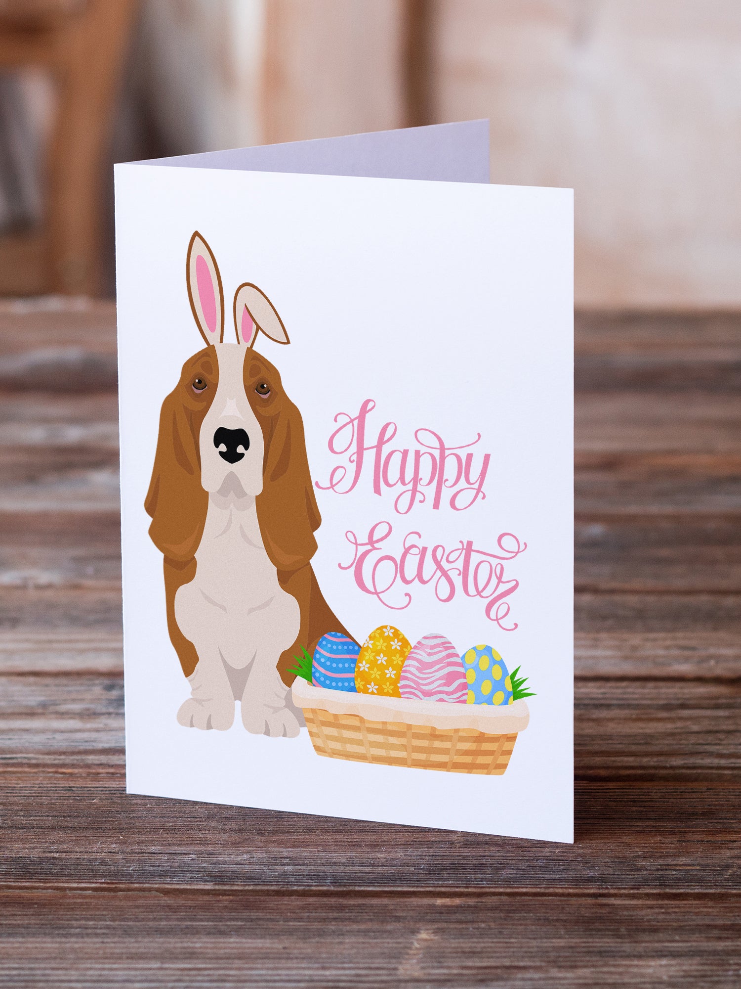 Buy this Red and White Tricolor Basset Hound Easter Greeting Cards and Envelopes Pack of 8