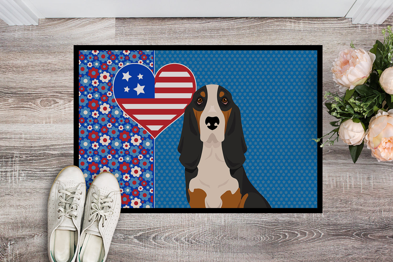 Buy this Black Tricolor Basset Hound USA American Indoor or Outdoor Mat 24x36