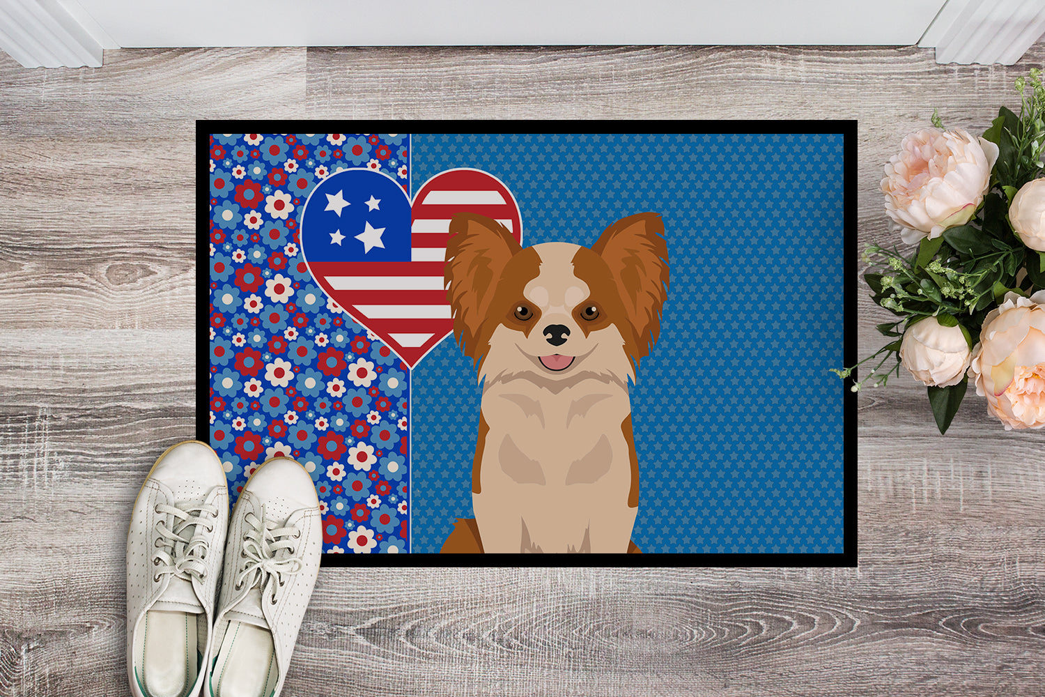 Buy this Longhaired Red and White Chihuahua USA American Indoor or Outdoor Mat 24x36
