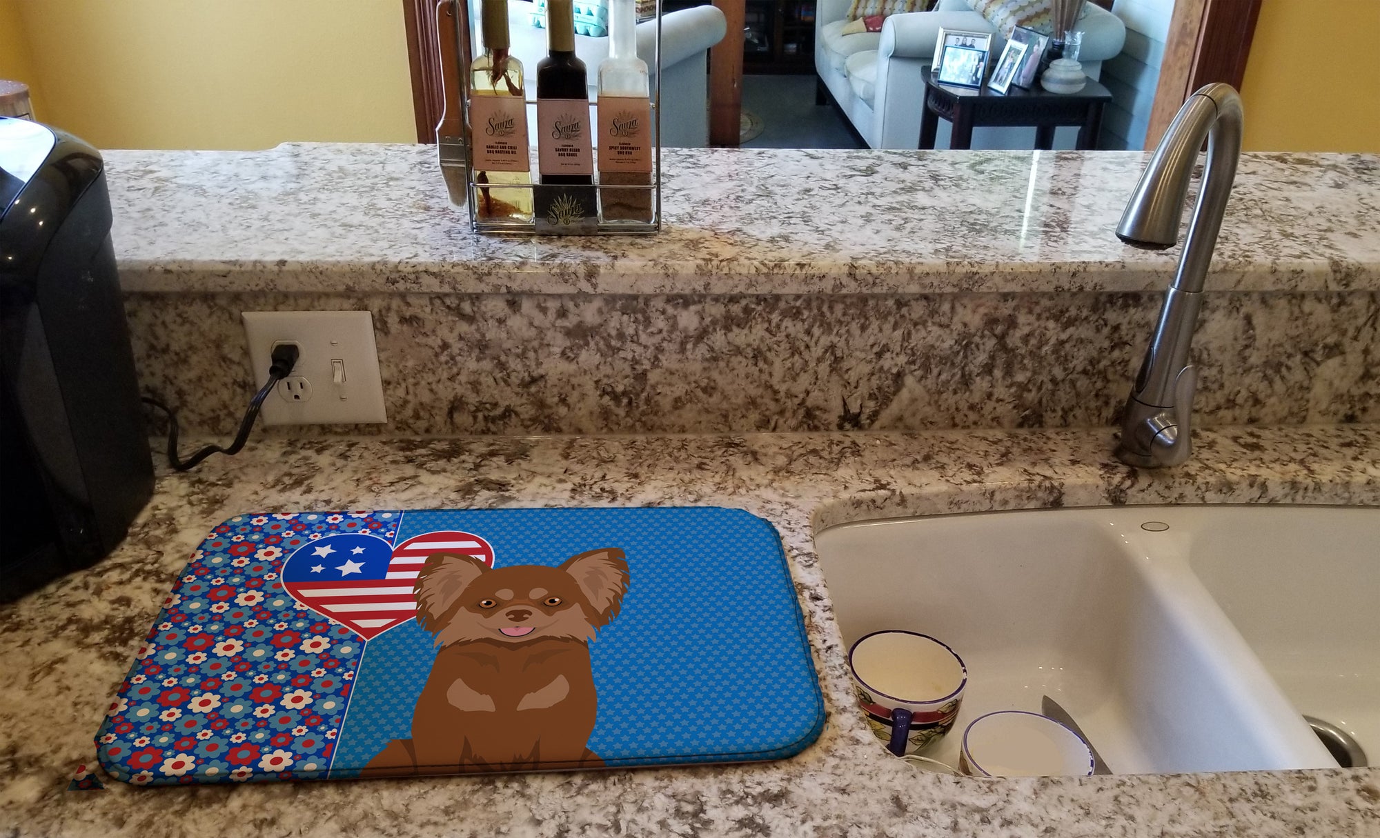 Longhaired Chocolate and Tan Chihuahua USA American Dish Drying Mat