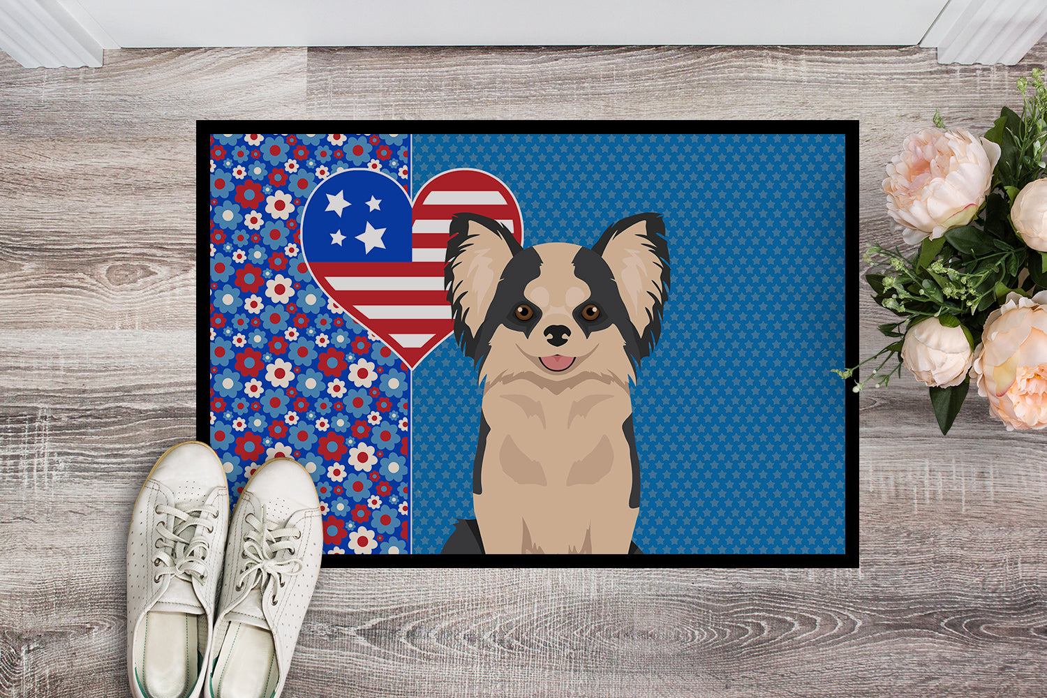 Buy this Longhaired Black and White #2 Chihuahua USA American Indoor or Outdoor Mat 24x36