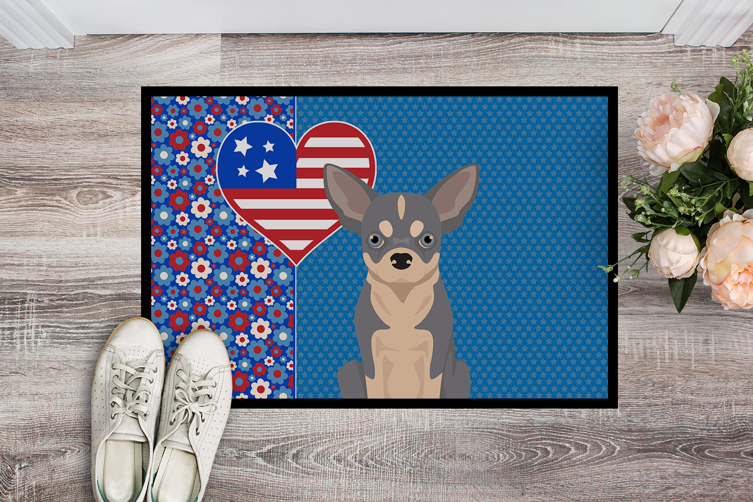Buy this Blue and White Chihuahua USA American Indoor or Outdoor Mat 24x36