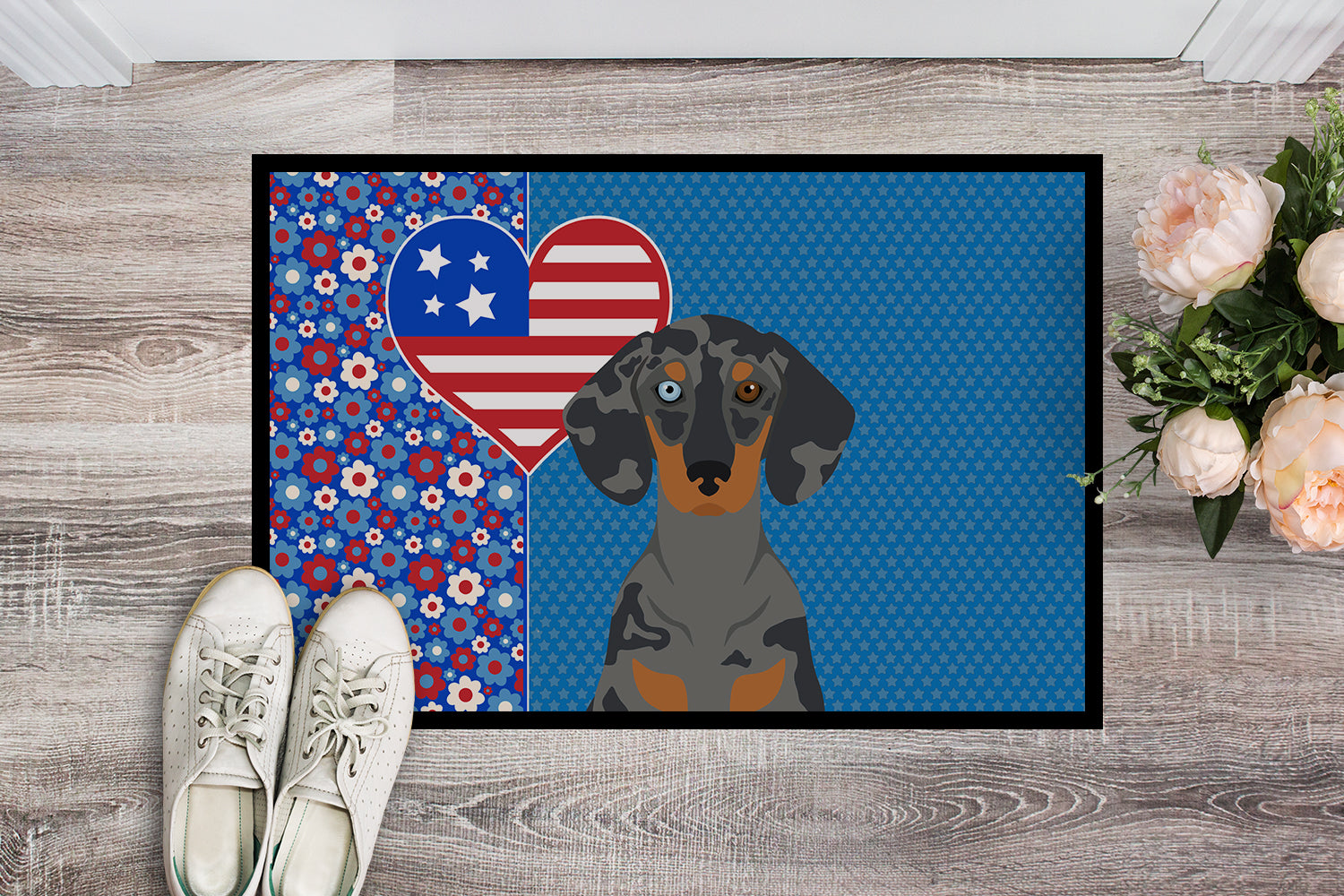 Buy this Black Dapple Dachshund USA American Indoor or Outdoor Mat 24x36