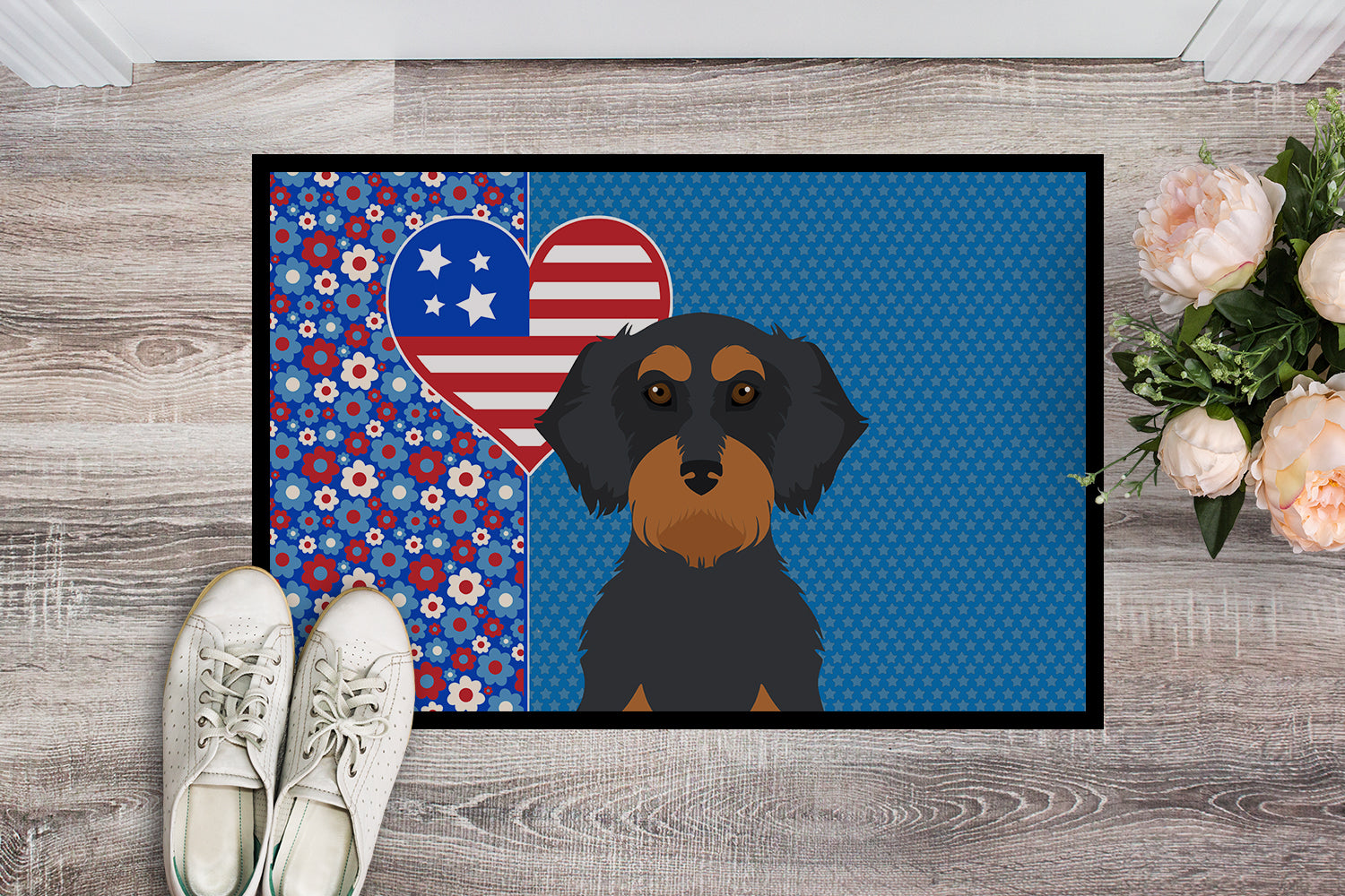 Buy this Wirehair Black and Tan Dachshund USA American Indoor or Outdoor Mat 24x36
