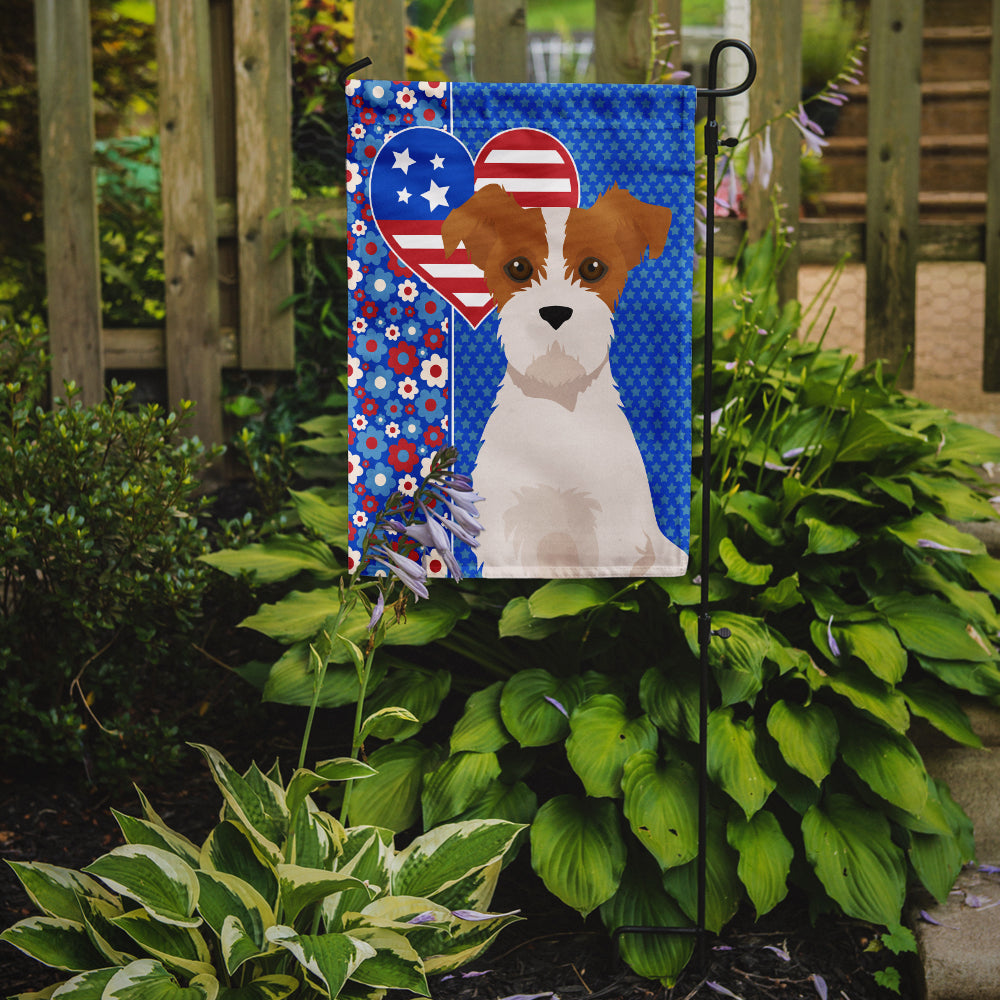 Brown White Wirehair Jack Russell Terrier USA American Flag Garden Size