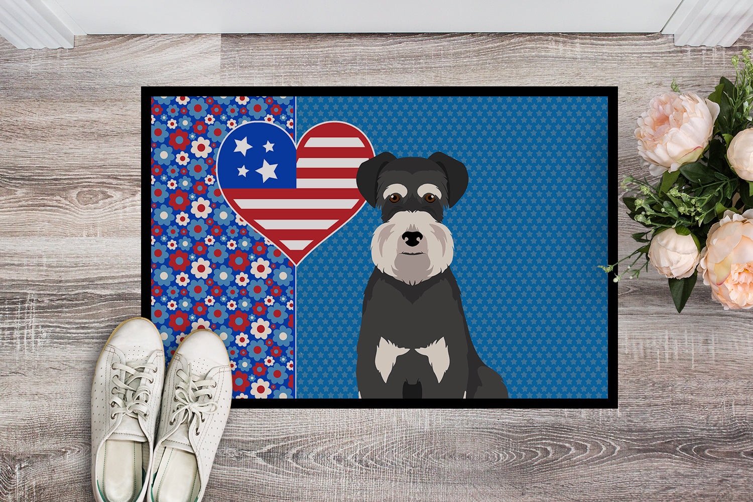 Buy this Black and Silver Natural Ears Schnauzer USA American Indoor or Outdoor Mat 24x36