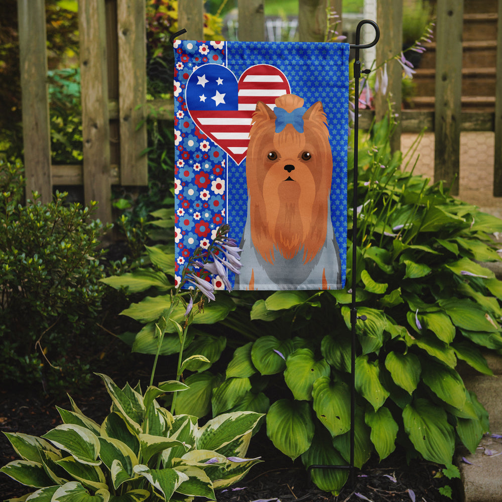 Blue and Tan Full Coat Yorkshire Terrier USA American Flag Garden Size