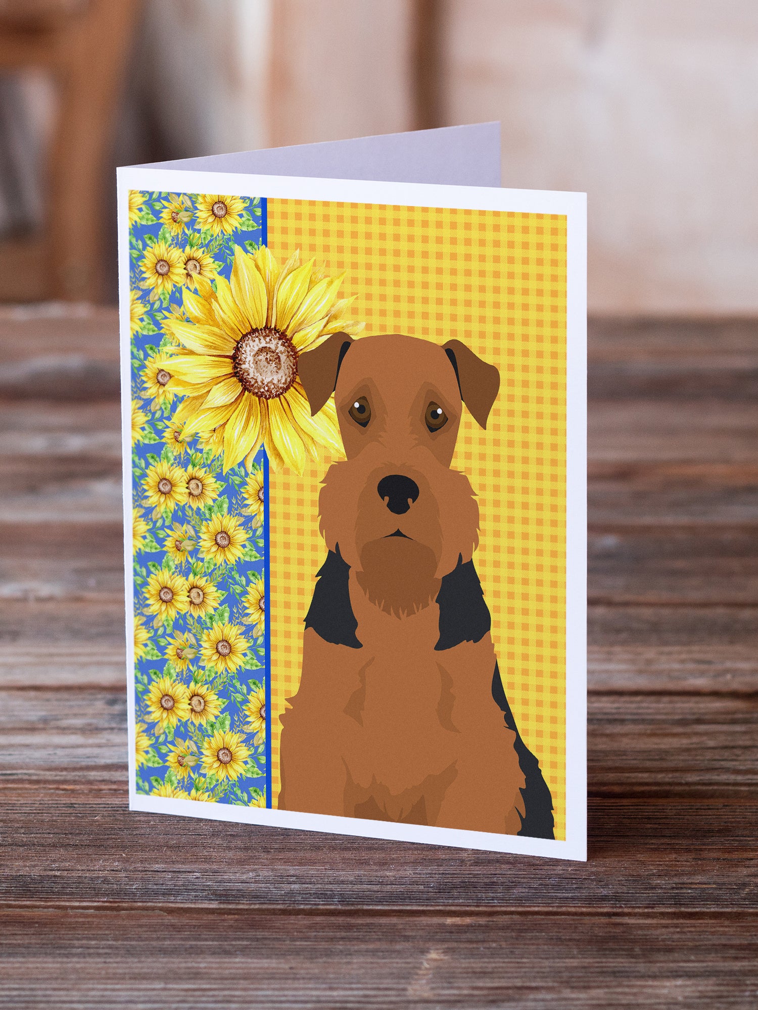 Buy this Summer Sunflowers Black and Tan Airedale Terrier Greeting Cards and Envelopes Pack of 8