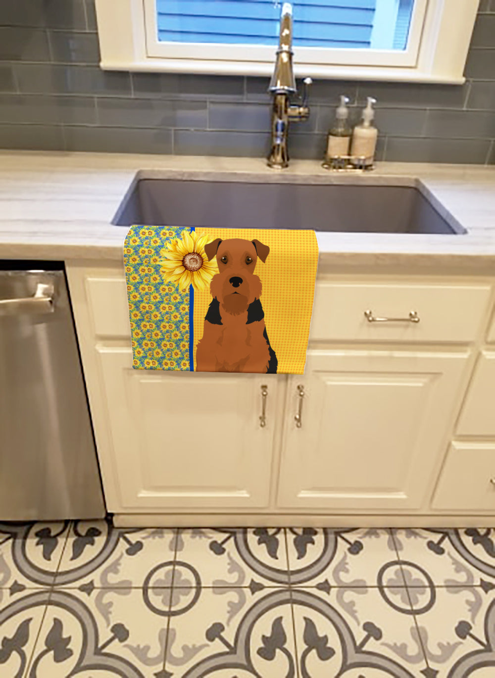 Buy this Summer Sunflowers Black and Tan Airedale Terrier Kitchen Towel