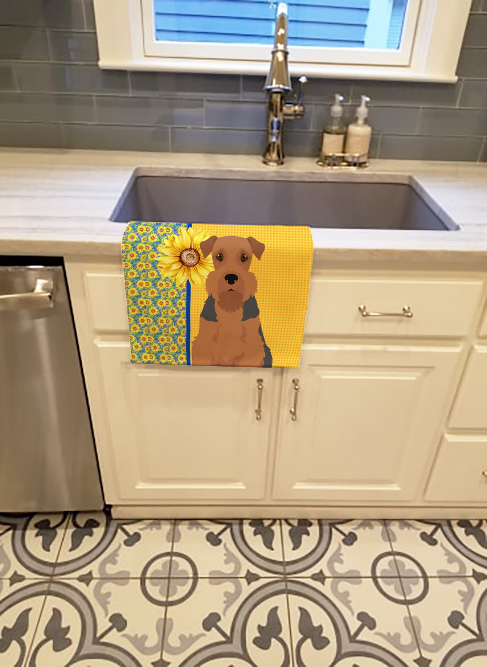 Buy this Summer Sunflowers Grizzle and Tan Airedale Terrier Kitchen Towel