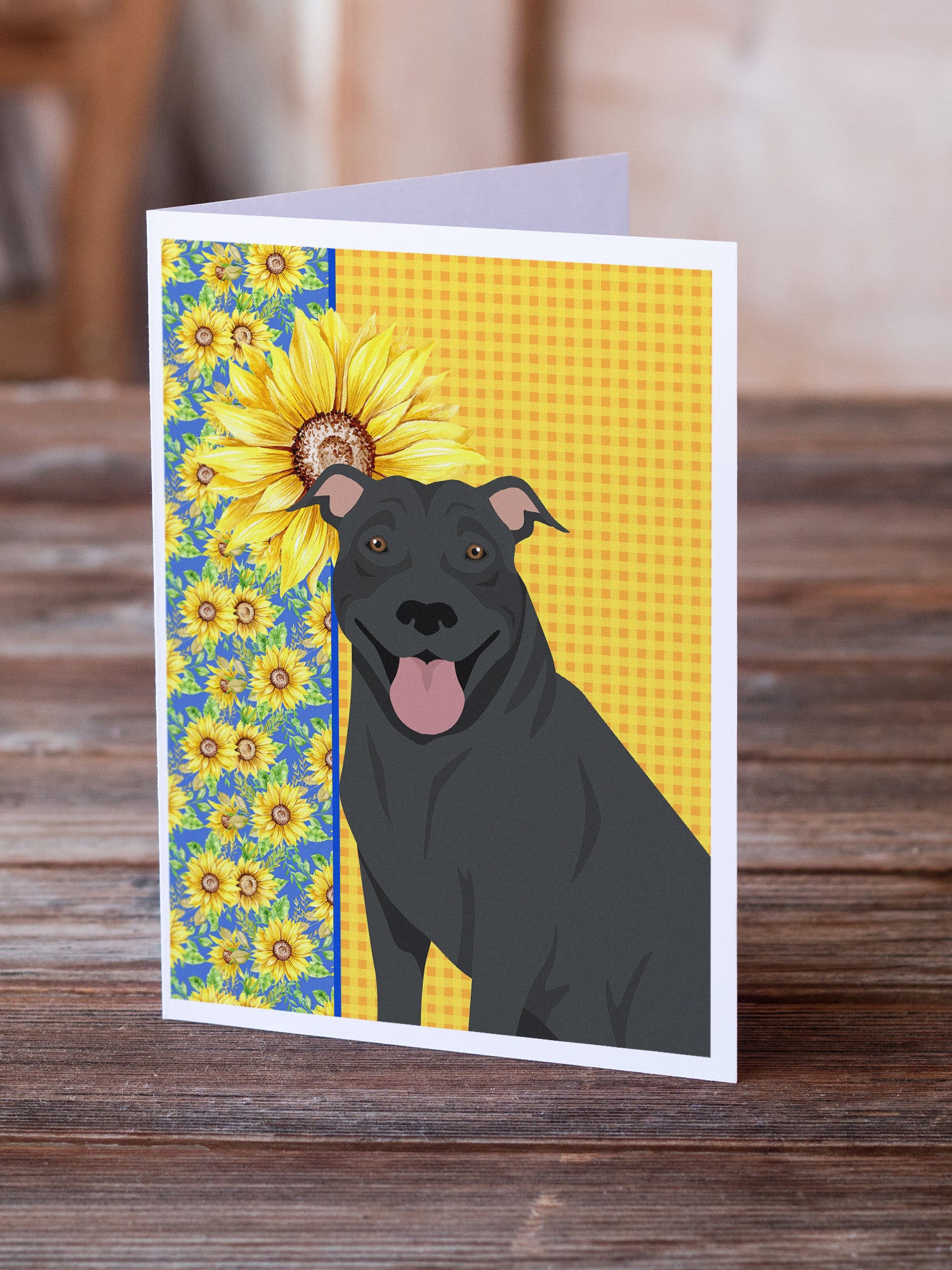 Buy this Summer Sunflowers Black Pit Bull Terrier Greeting Cards and Envelopes Pack of 8