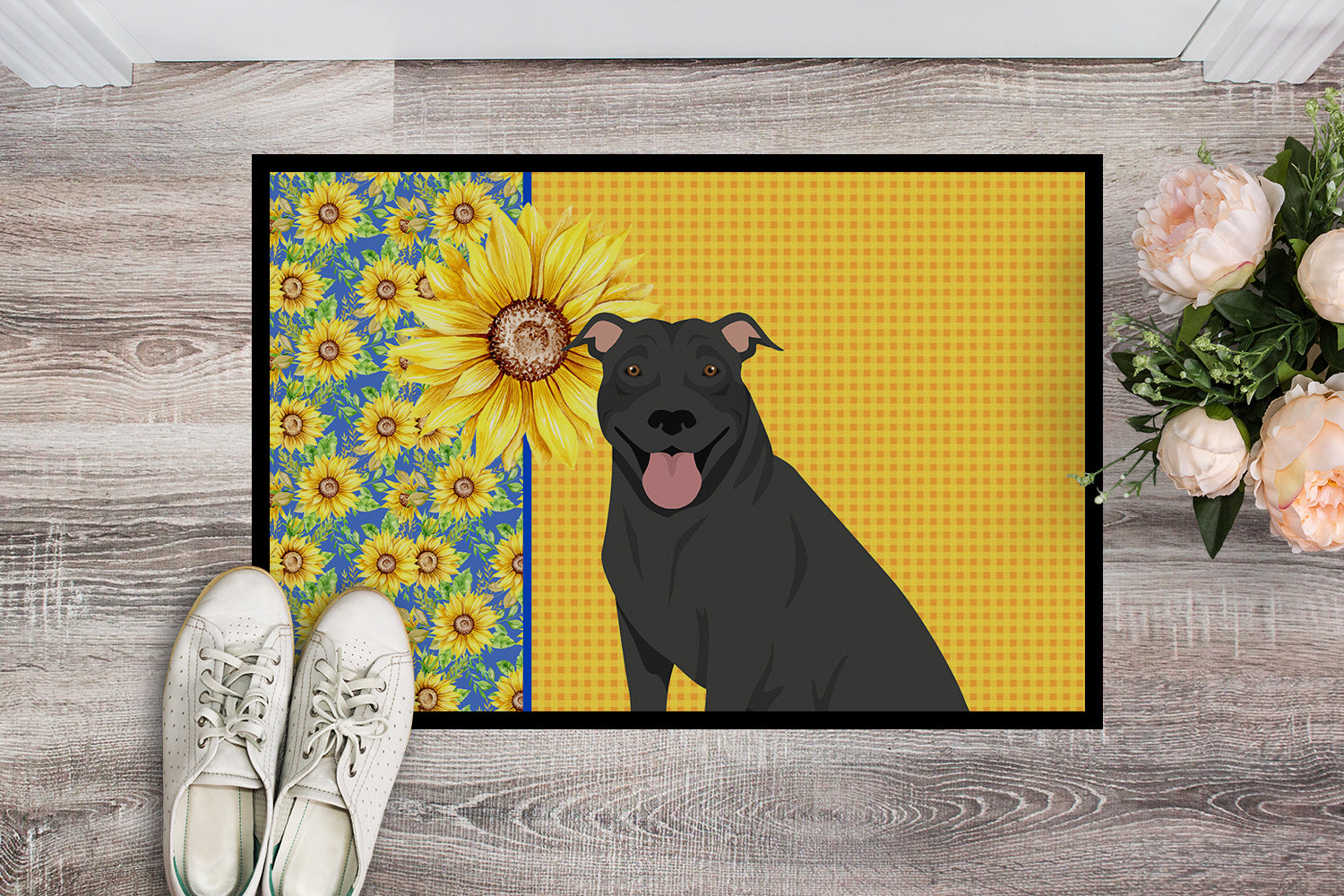 Buy this Summer Sunflowers Black Pit Bull Terrier Indoor or Outdoor Mat 24x36
