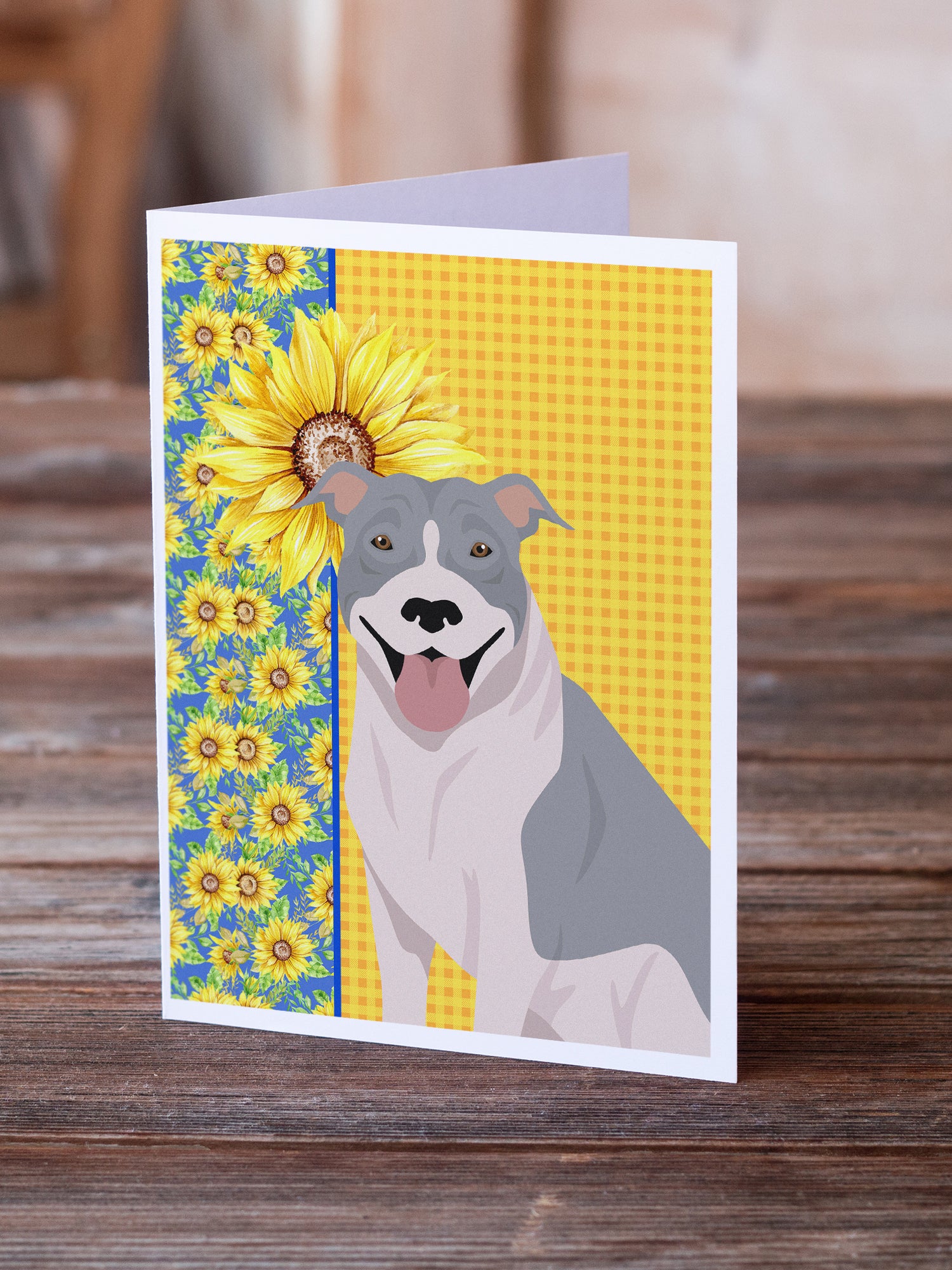 Buy this Summer Sunflowers Blue and White Pit Bull Terrier Greeting Cards and Envelopes Pack of 8