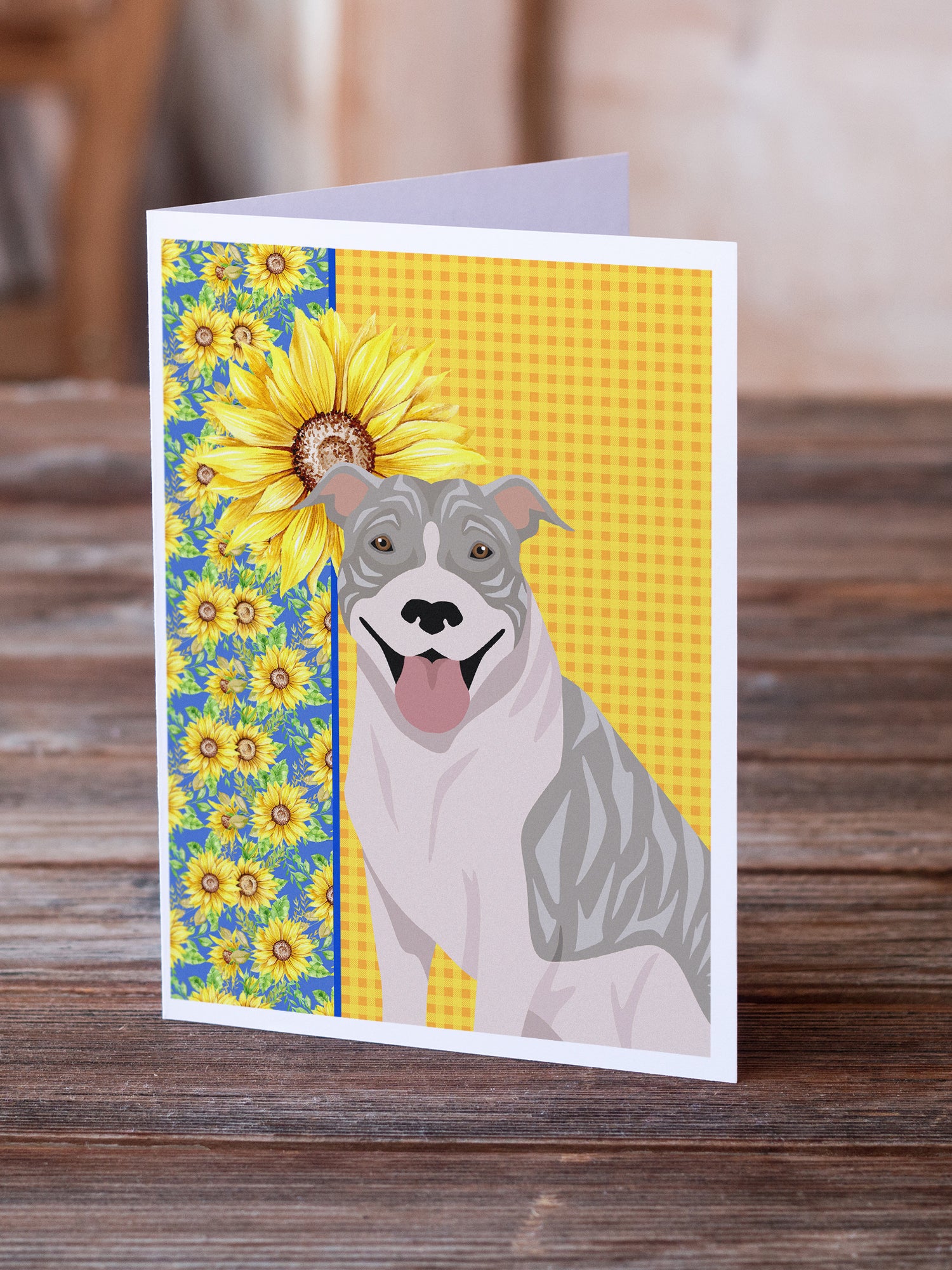 Summer Sunflowers Blue Brindle Pit Bull Terrier Greeting Cards and Envelopes Pack of 8 - the-store.com
