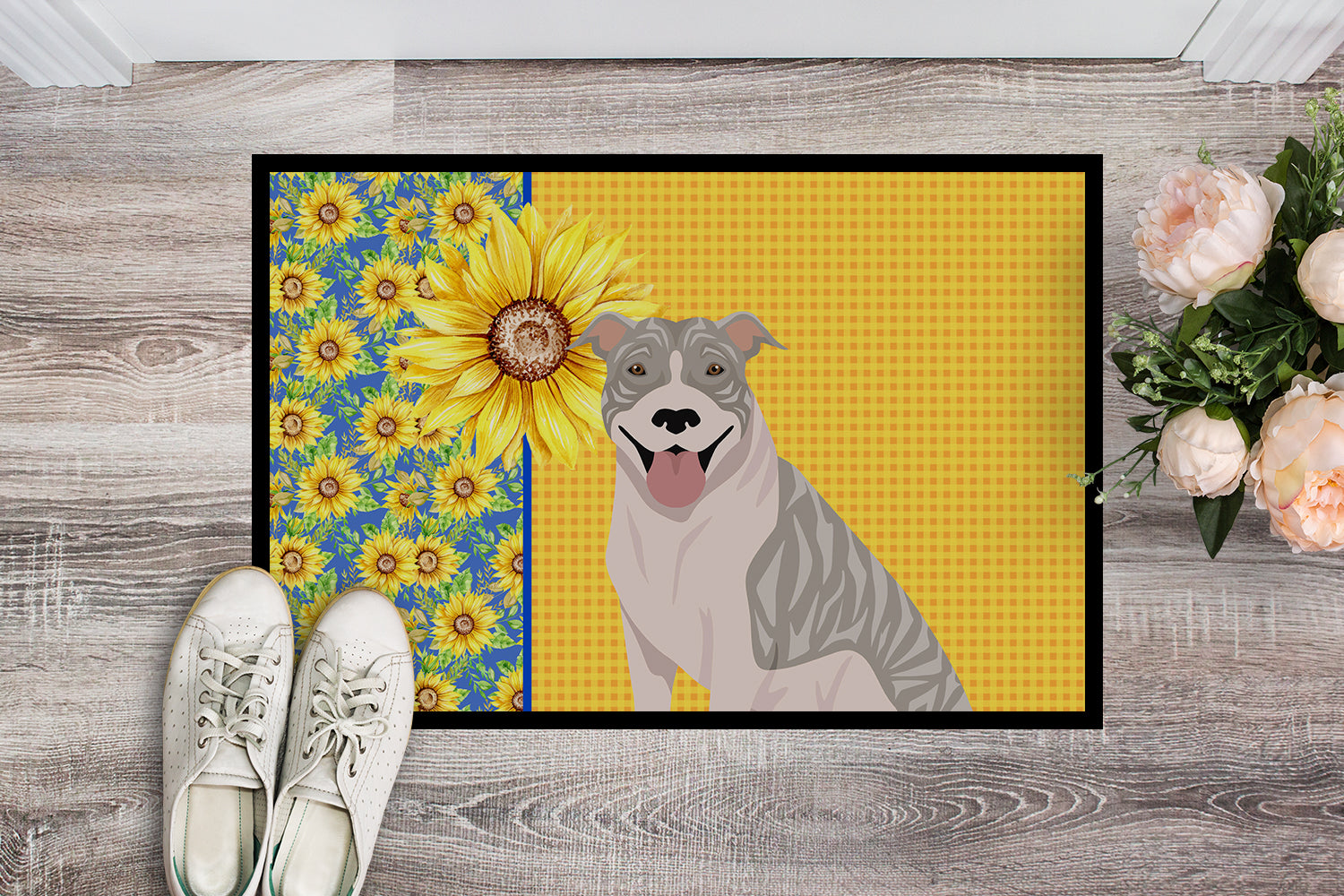 Summer Sunflowers Blue Brindle Pit Bull Terrier Indoor or Outdoor Mat 18x27 - the-store.com