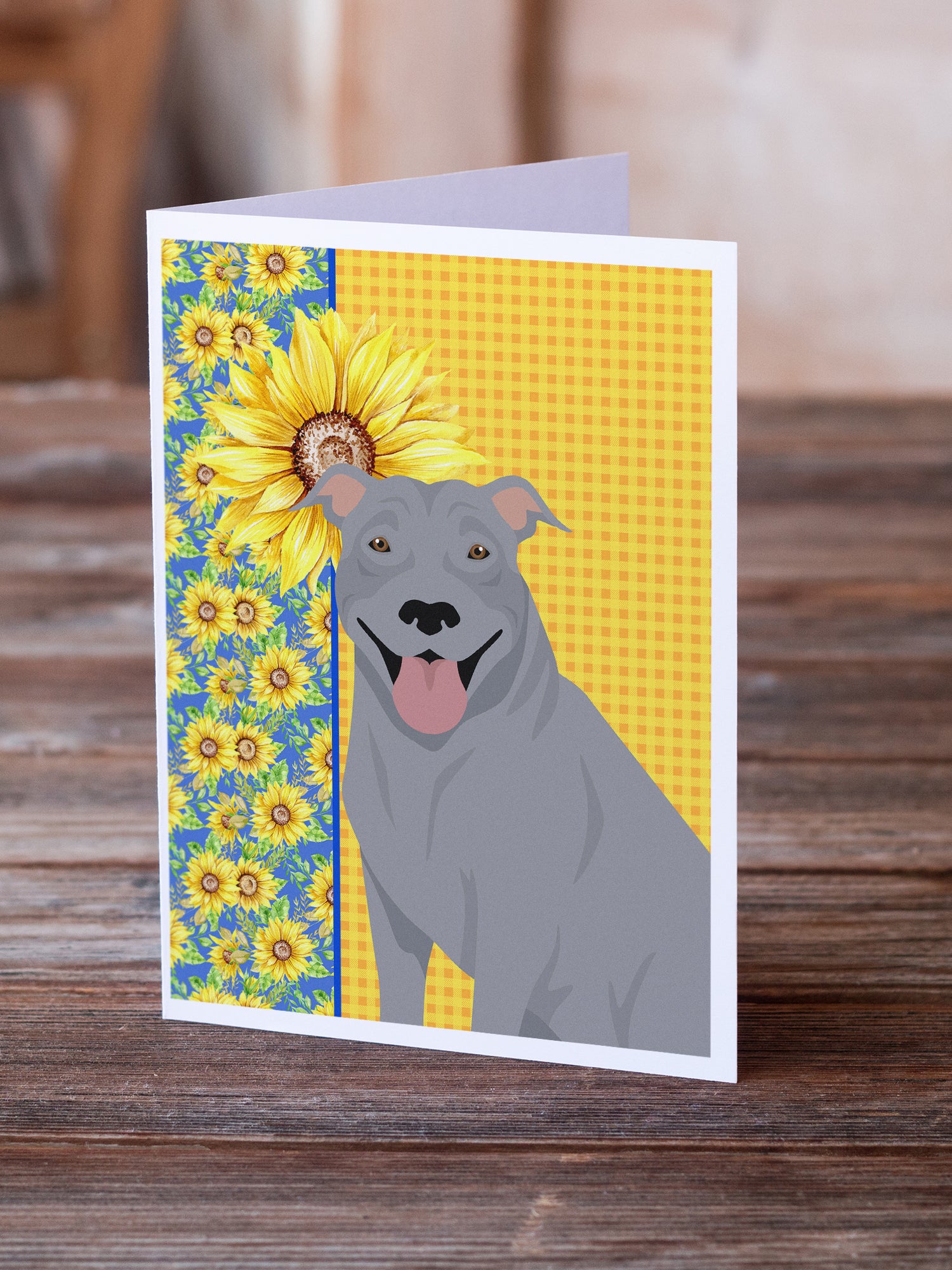 Buy this Summer Sunflowers Blue Pit Bull Terrier Greeting Cards and Envelopes Pack of 8