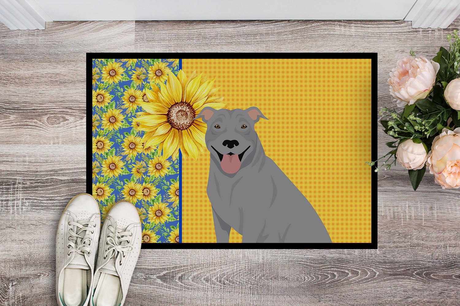 Buy this Summer Sunflowers Blue Pit Bull Terrier Indoor or Outdoor Mat 18x27