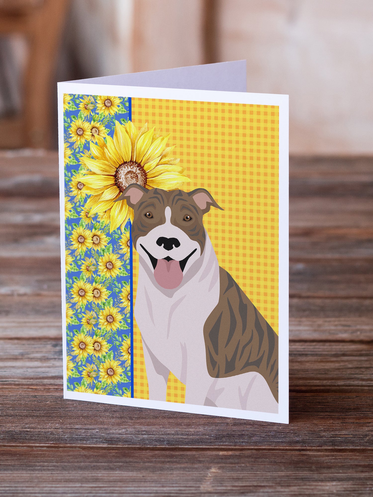 Buy this Summer Sunflowers Fawn Brindle Pit Bull Terrier Greeting Cards and Envelopes Pack of 8