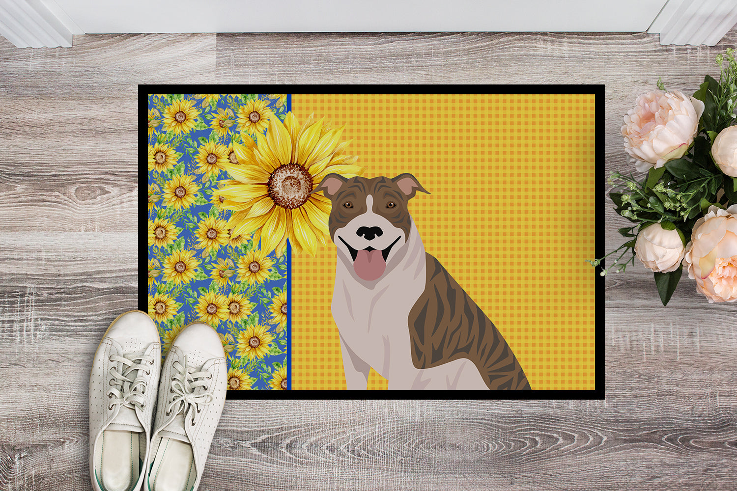 Buy this Summer Sunflowers Fawn Brindle Pit Bull Terrier Indoor or Outdoor Mat 24x36