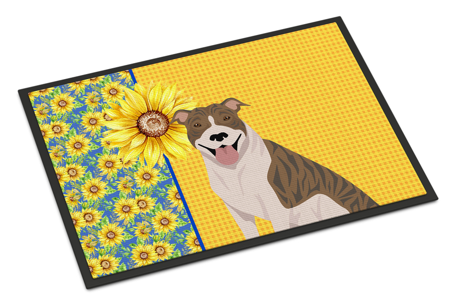 Buy this Summer Sunflowers Fawn Brindle Pit Bull Terrier Indoor or Outdoor Mat 18x27
