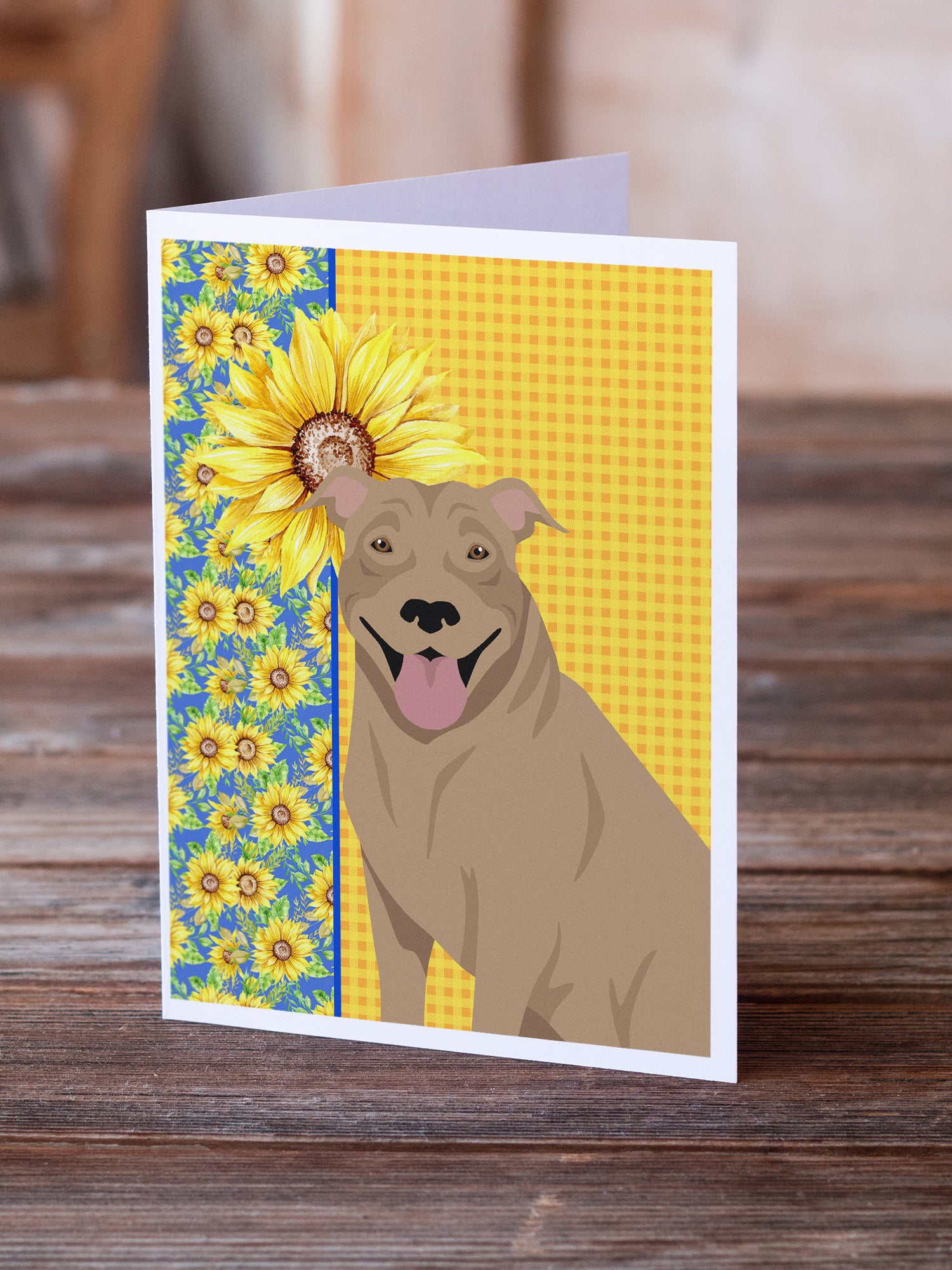 Buy this Summer Sunflowers Fawn Pit Bull Terrier Greeting Cards and Envelopes Pack of 8