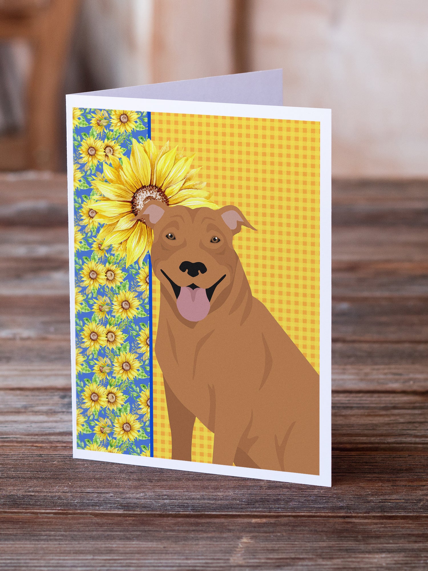 Buy this Summer Sunflowers Red Pit Bull Terrier Greeting Cards and Envelopes Pack of 8