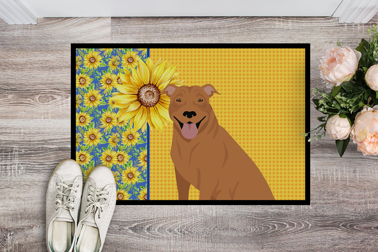 Summer Sunflowers Red Pit Bull Terrier Indoor or Outdoor Mat 18x27 - the-store.com