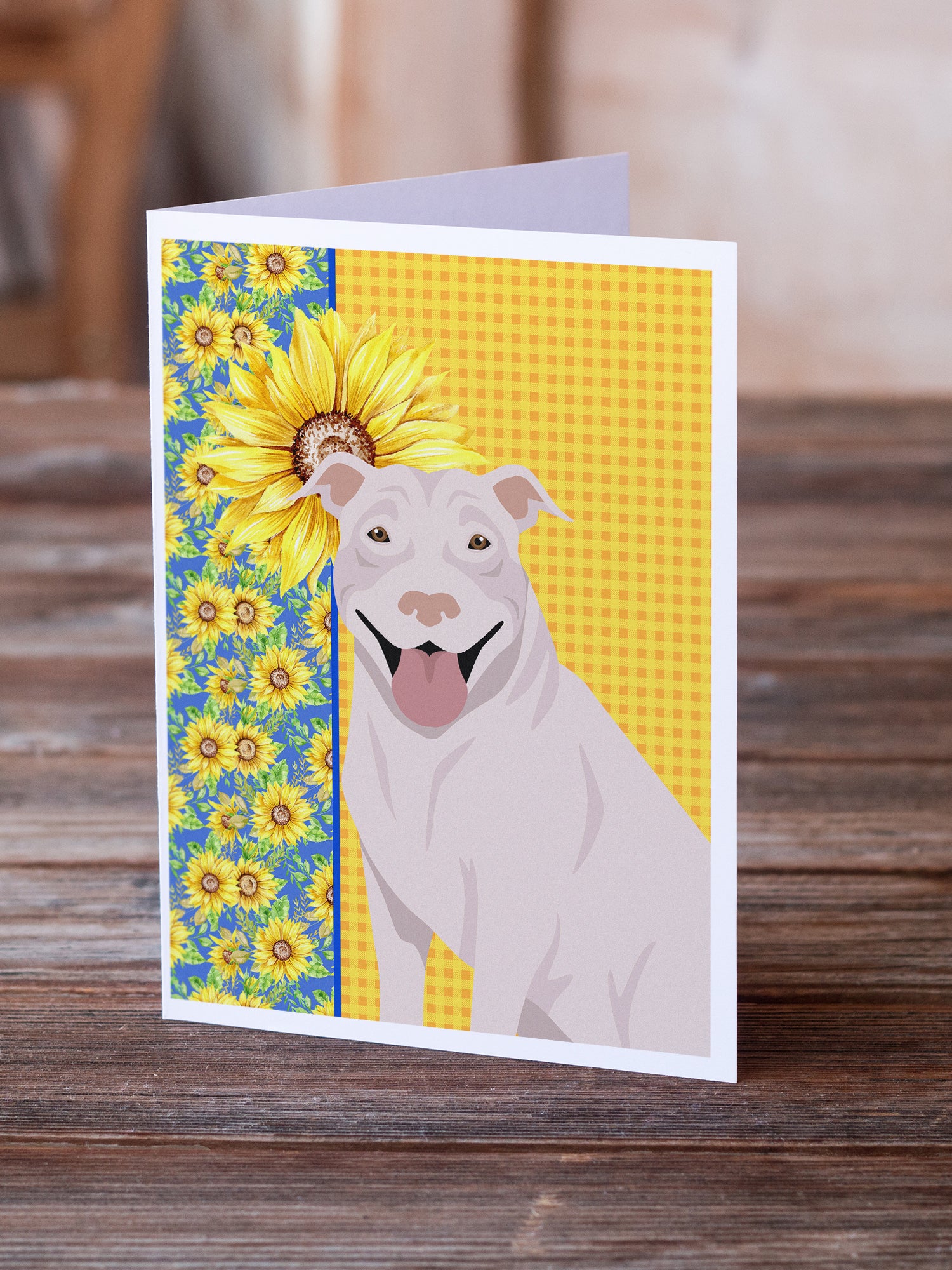 Buy this Summer Sunflowers White Pit Bull Terrier Greeting Cards and Envelopes Pack of 8