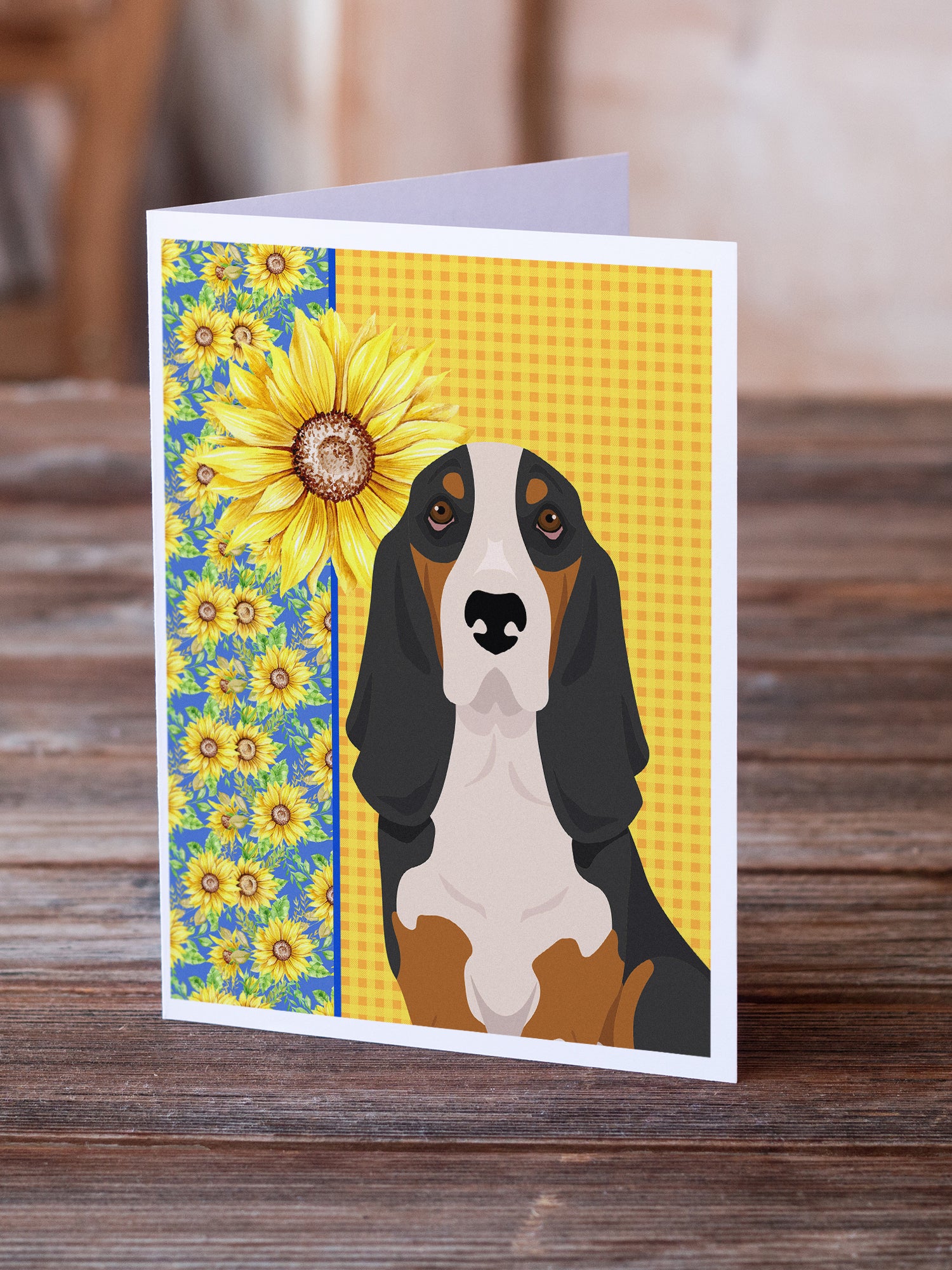 Buy this Summer Sunflowers Black Tricolor Basset Hound Greeting Cards and Envelopes Pack of 8