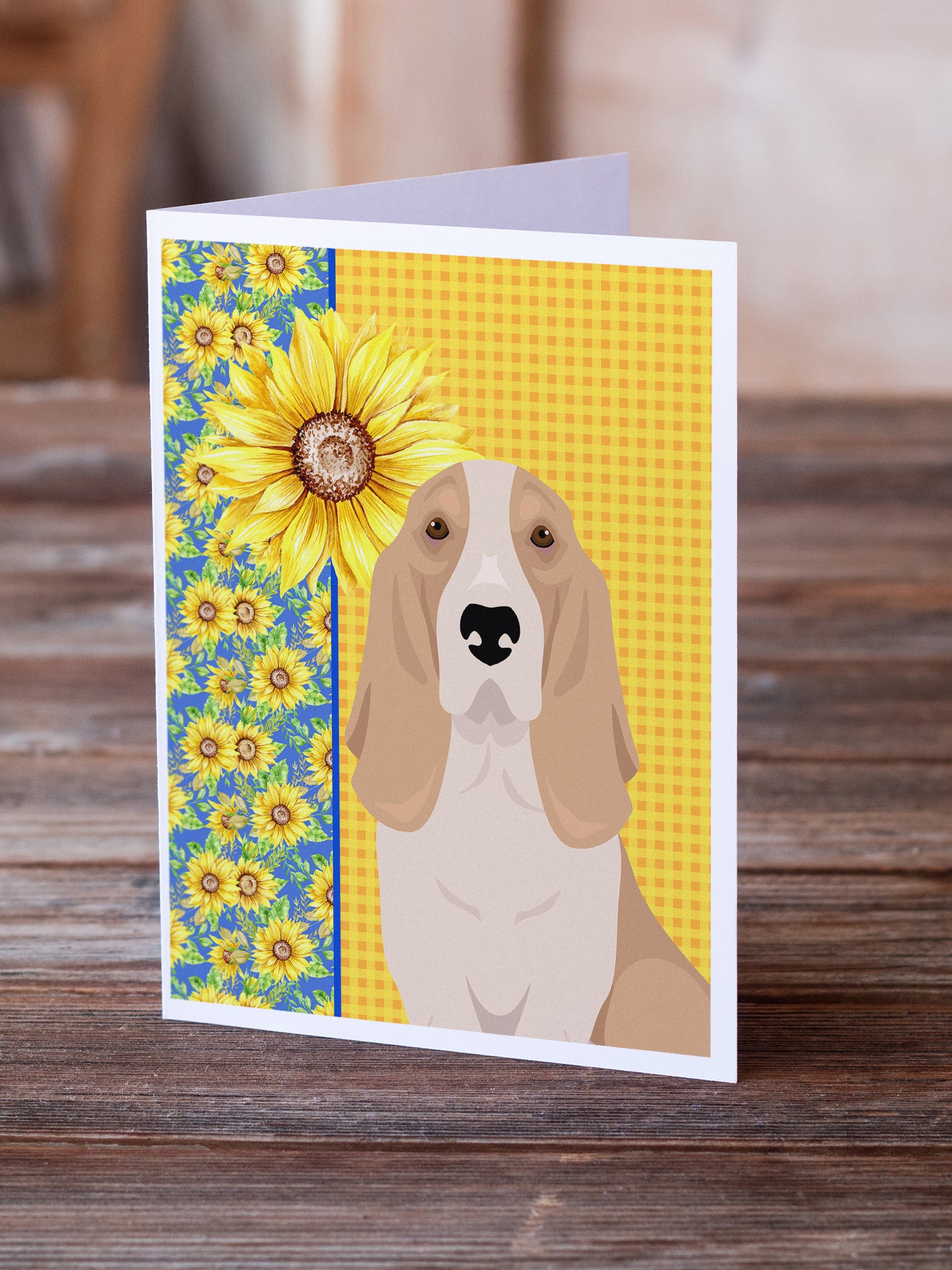 Buy this Summer Sunflowers Lemon and White Tricolor Basset Hound Greeting Cards and Envelopes Pack of 8