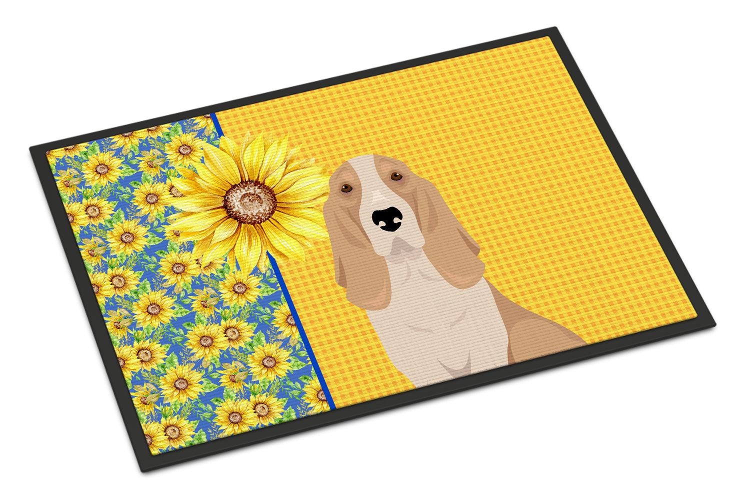 Buy this Summer Sunflowers Lemon and White Tricolor Basset Hound Indoor or Outdoor Mat 24x36