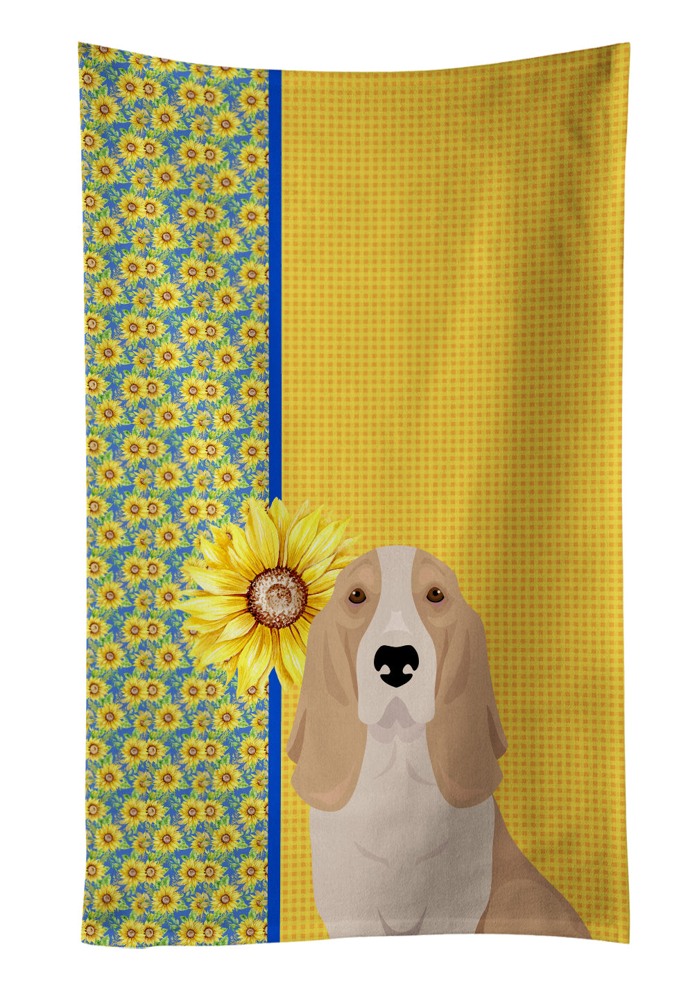 Buy this Summer Sunflowers Lemon and White Tricolor Basset Hound Kitchen Towel