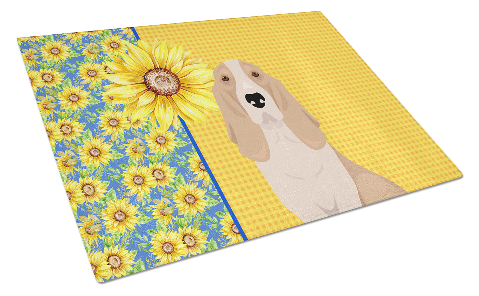Buy this Summer Sunflowers Lemon and White Tricolor Basset Hound Glass Cutting Board Large