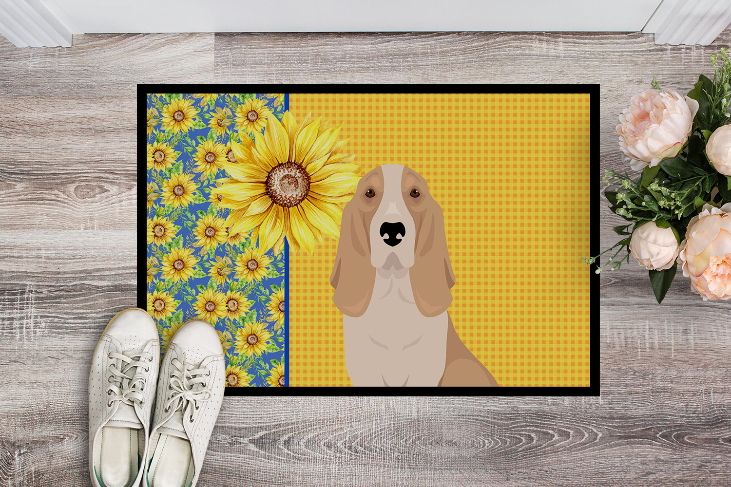 Summer Sunflowers Lemon and White Tricolor Basset Hound Indoor or Outdoor Mat 18x27 - the-store.com