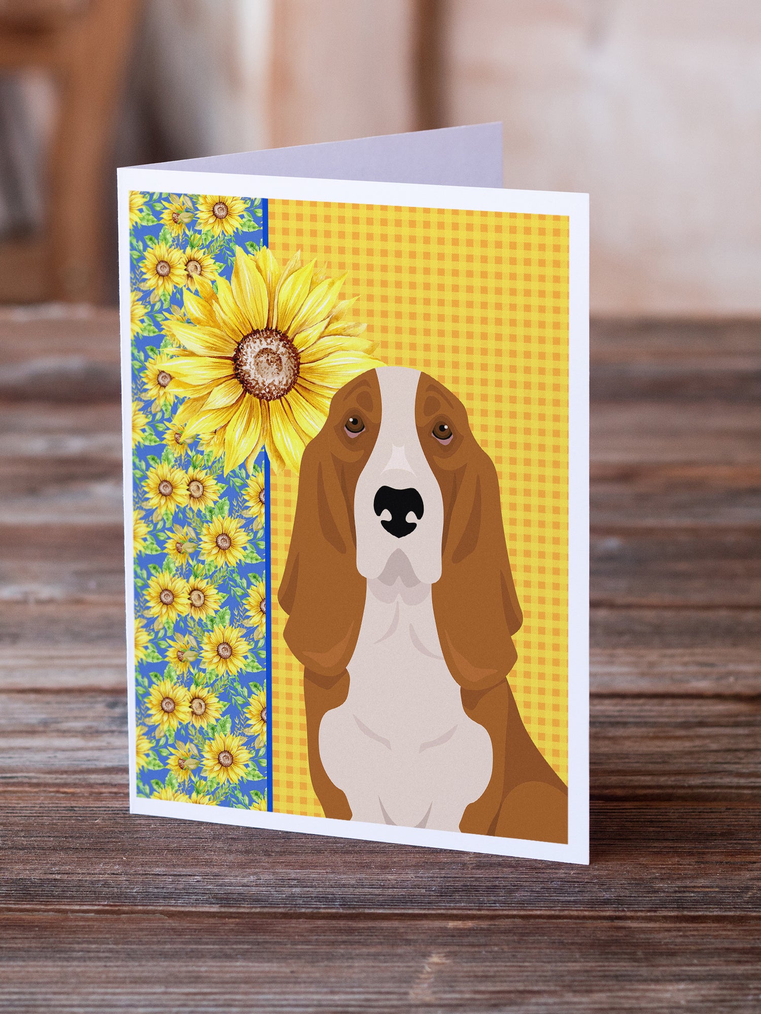 Summer Sunflowers Red and White Tricolor Basset Hound Greeting Cards and Envelopes Pack of 8 - the-store.com