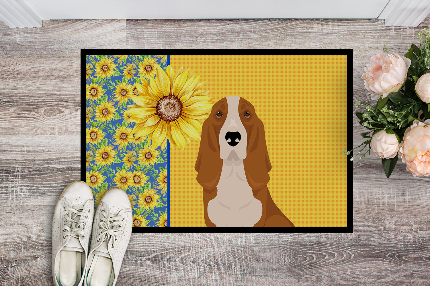 Buy this Summer Sunflowers Red and White Tricolor Basset Hound Indoor or Outdoor Mat 24x36